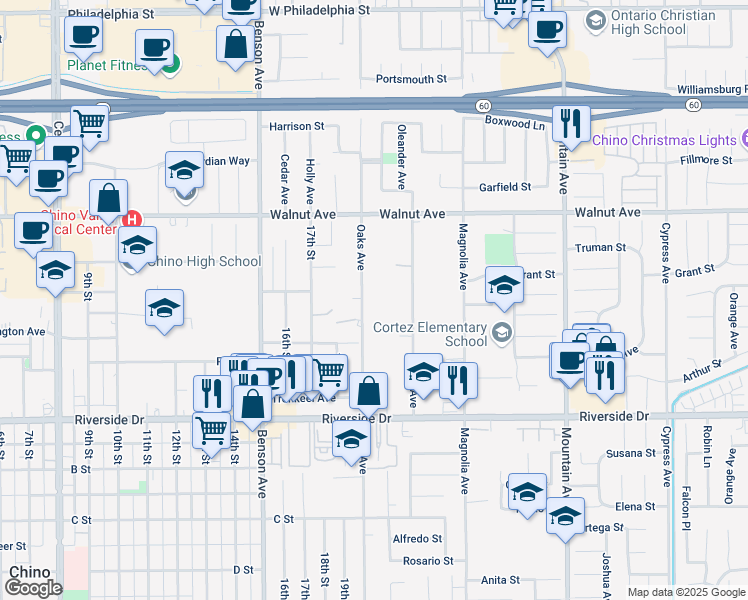 map of restaurants, bars, coffee shops, grocery stores, and more near 12669 Oaks Avenue in Chino