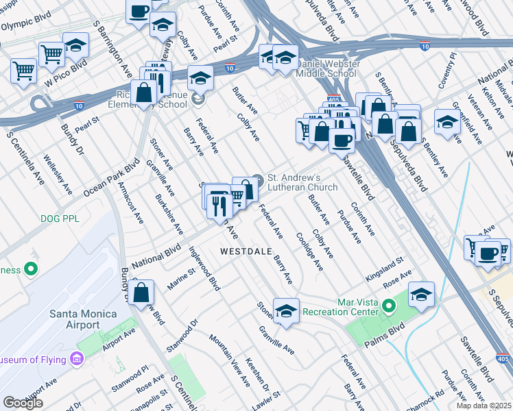 map of restaurants, bars, coffee shops, grocery stores, and more near 11650 National Boulevard in Los Angeles