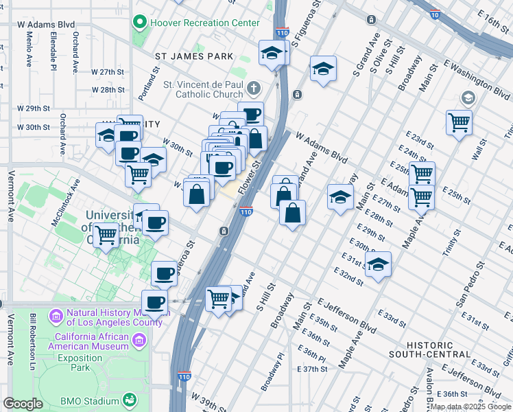 map of restaurants, bars, coffee shops, grocery stores, and more near 3100-3298 S Hope St in Los Angeles