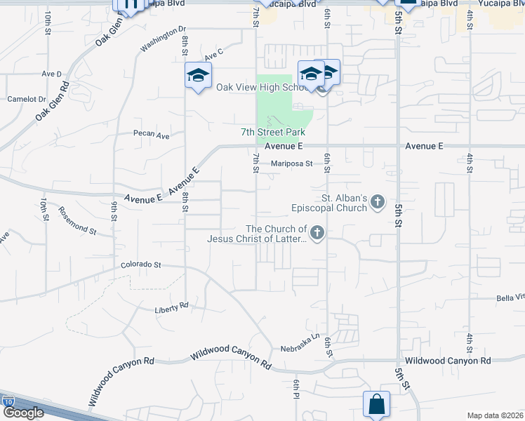 map of restaurants, bars, coffee shops, grocery stores, and more near 12679 7th Street in Yucaipa