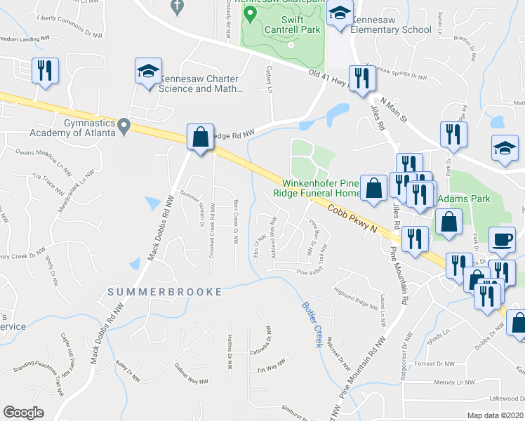 map of restaurants, bars, coffee shops, grocery stores, and more near 147 Beech Creek Court in Kennesaw