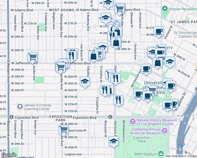 map of restaurants, bars, coffee shops, grocery stores, and more near 1189 West 36th Street in Los Angeles
