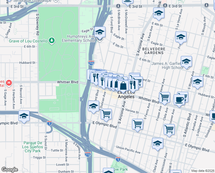 map of restaurants, bars, coffee shops, grocery stores, and more near 4532 Whittier Boulevard in East Los Angeles