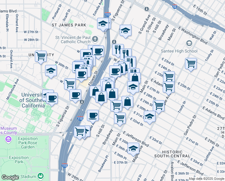 map of restaurants, bars, coffee shops, grocery stores, and more near 237 West 30th Street in Los Angeles