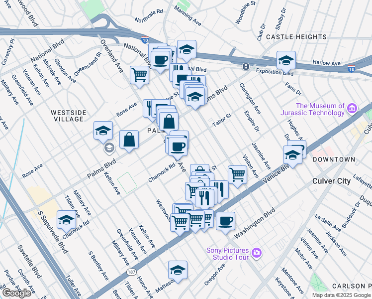 map of restaurants, bars, coffee shops, grocery stores, and more near 3614 Overland Avenue in Los Angeles