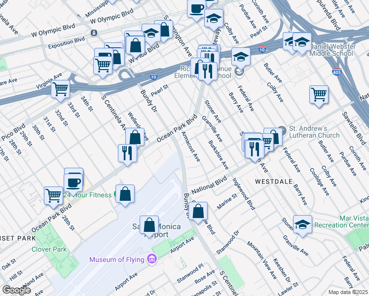 map of restaurants, bars, coffee shops, grocery stores, and more near 2731 Armacost Avenue in Los Angeles