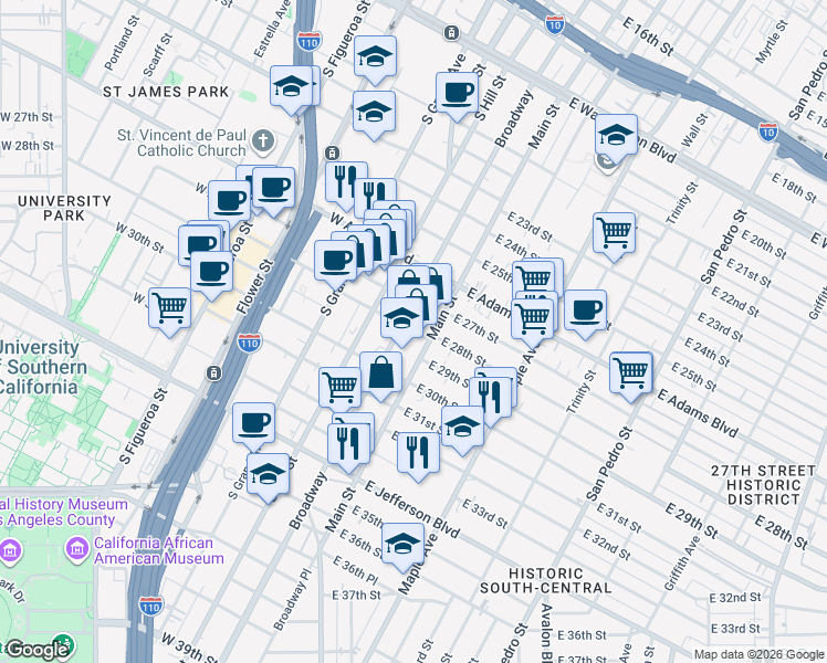 map of restaurants, bars, coffee shops, grocery stores, and more near 121 West 28th Street in Los Angeles
