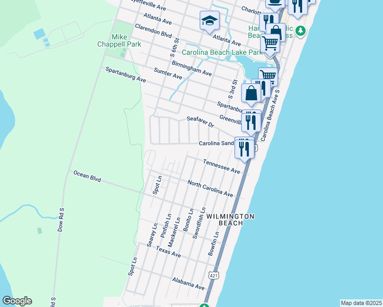 map of restaurants, bars, coffee shops, grocery stores, and more near 604 Tennessee Avenue in Carolina Beach