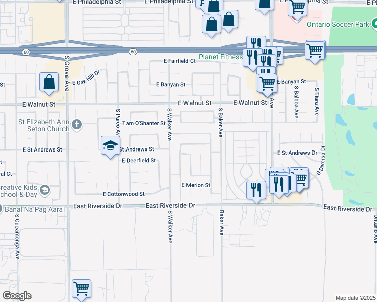 map of restaurants, bars, coffee shops, grocery stores, and more near 2808 South Cascades Trail in Ontario