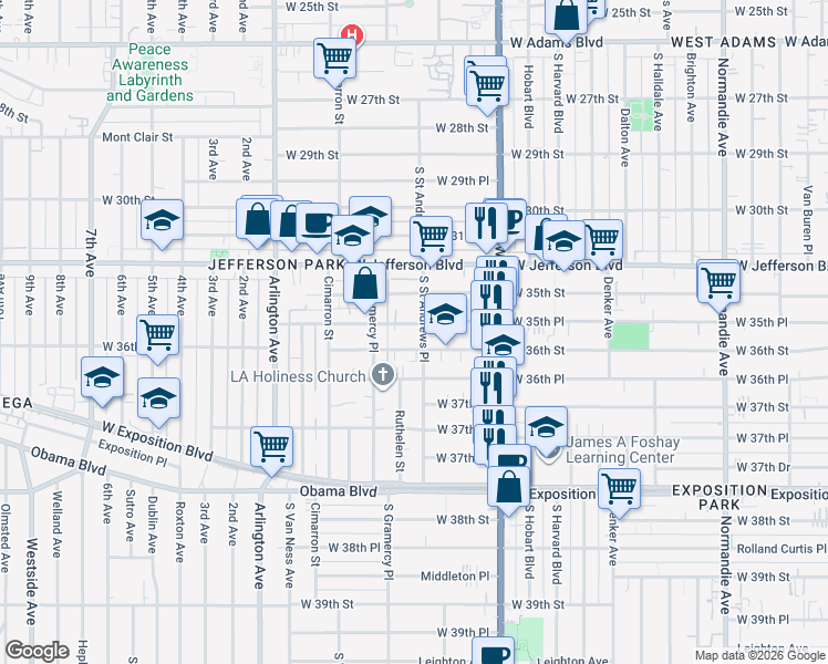 map of restaurants, bars, coffee shops, grocery stores, and more near 1806 West 35th Place in Los Angeles