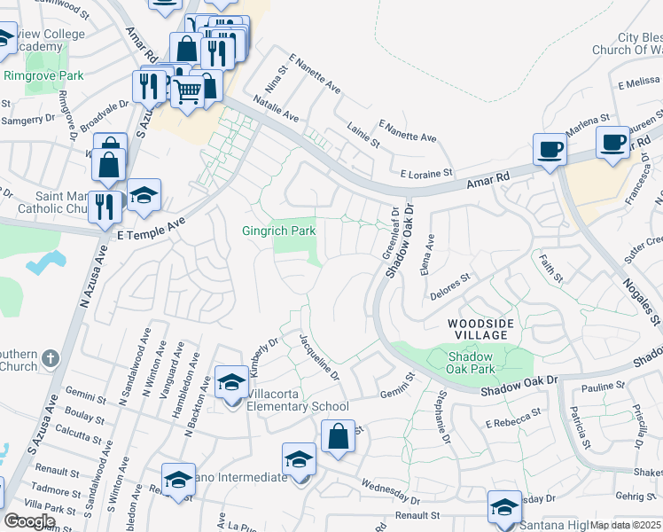 map of restaurants, bars, coffee shops, grocery stores, and more near 1910 East Woodgate Drive in West Covina