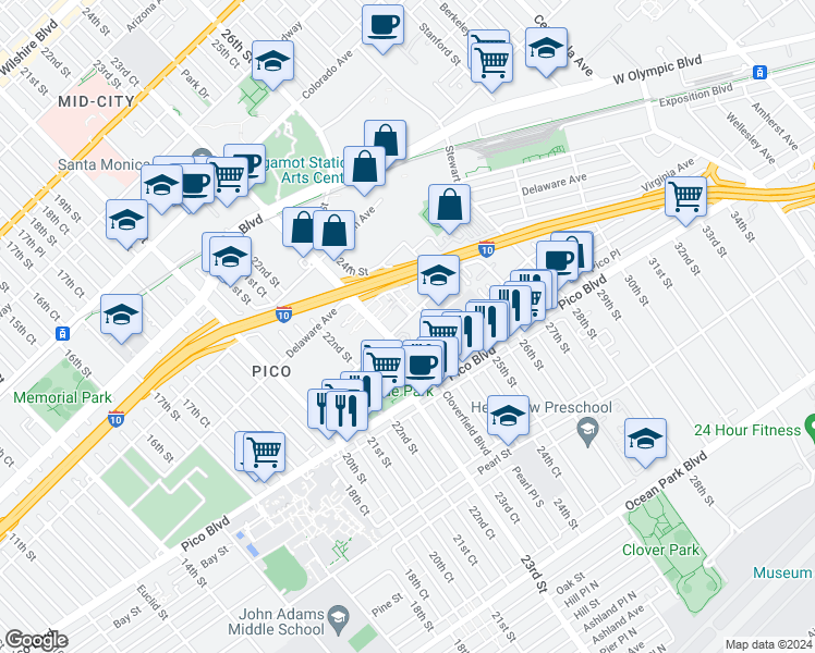 map of restaurants, bars, coffee shops, grocery stores, and more near 2320 Virginia Avenue in Santa Monica