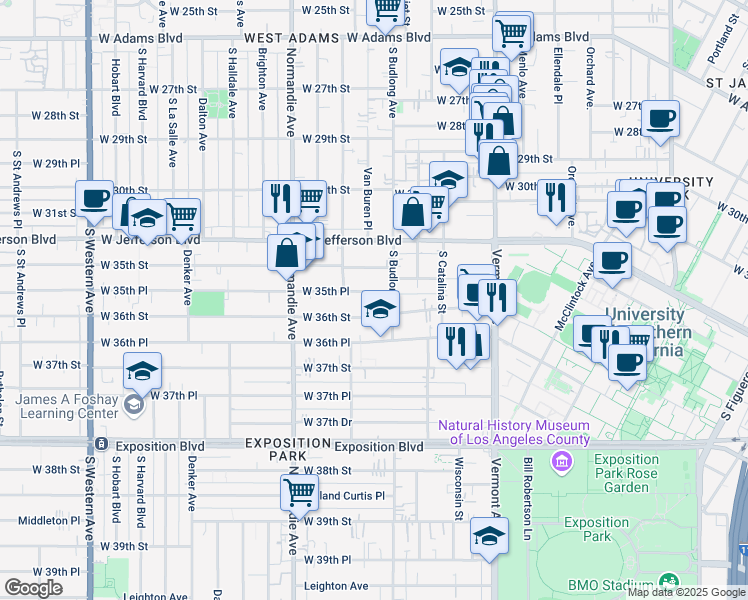 map of restaurants, bars, coffee shops, grocery stores, and more near 1270 West 35th Place in Los Angeles