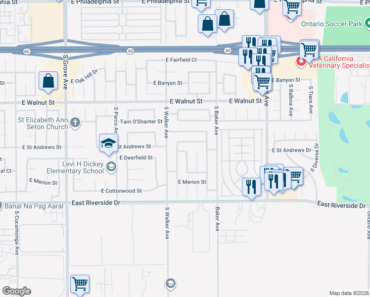 map of restaurants, bars, coffee shops, grocery stores, and more near 2808 South Cascades Trail in Ontario