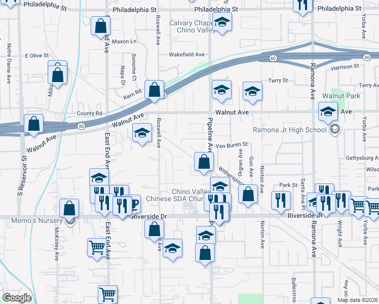 map of restaurants, bars, coffee shops, grocery stores, and more near 3978 Citrus Grove Road in Chino