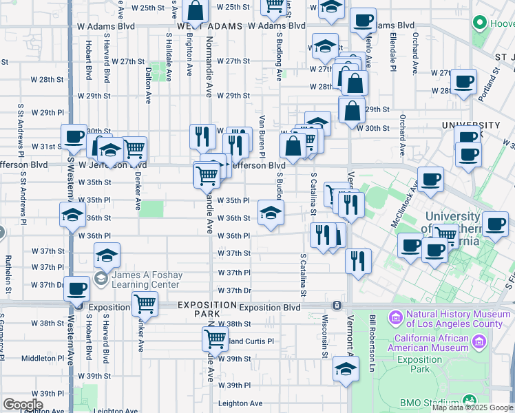 map of restaurants, bars, coffee shops, grocery stores, and more near 1301 West 36th Street in Los Angeles
