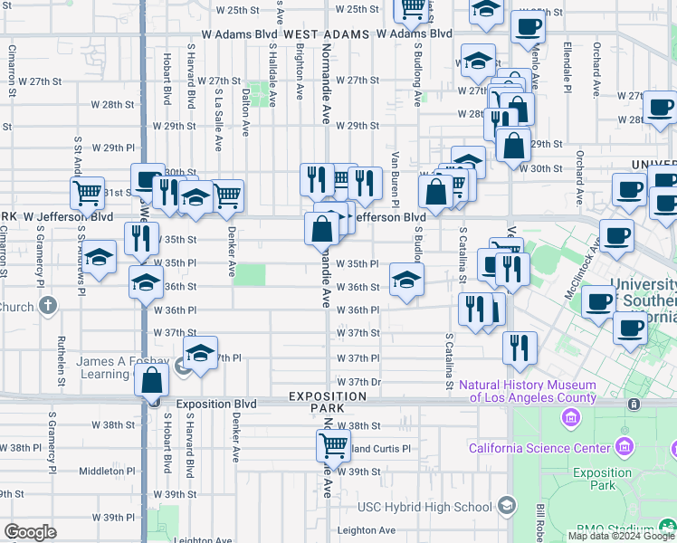 map of restaurants, bars, coffee shops, grocery stores, and more near 1355 West 36th Street in Los Angeles