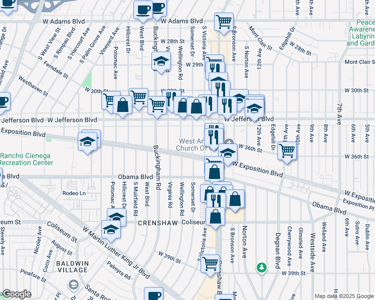 map of restaurants, bars, coffee shops, grocery stores, and more near 3833 West Exposition Boulevard in Los Angeles