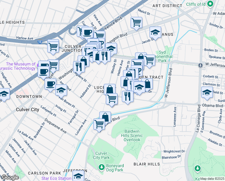 map of restaurants, bars, coffee shops, grocery stores, and more near 3648 Helms Avenue in Culver City