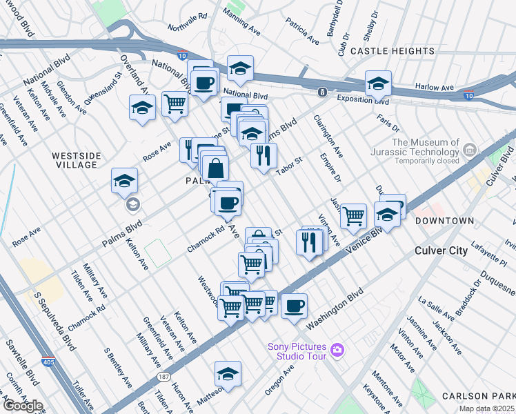 map of restaurants, bars, coffee shops, grocery stores, and more near 3636 Keystone Avenue in Los Angeles