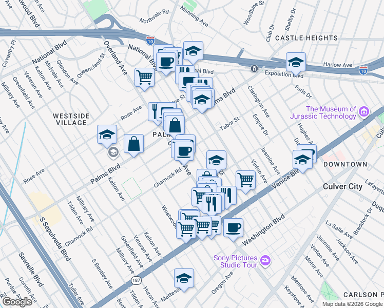 map of restaurants, bars, coffee shops, grocery stores, and more near 3614 Overland Avenue in Los Angeles
