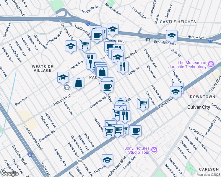 map of restaurants, bars, coffee shops, grocery stores, and more near 3614 Overland Avenue in Los Angeles