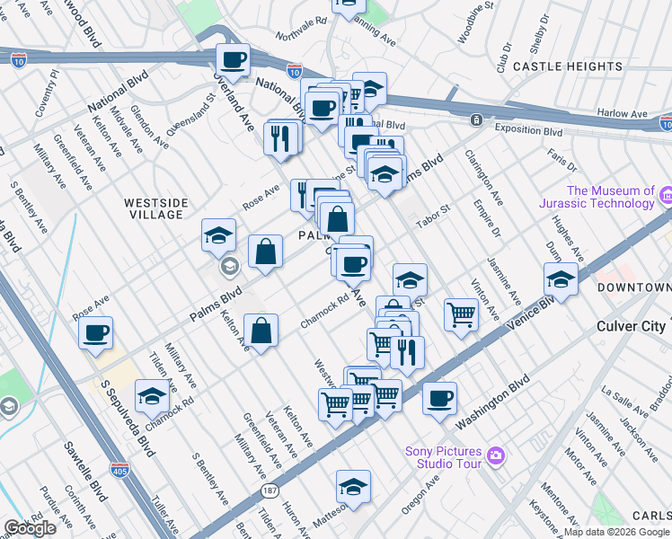 map of restaurants, bars, coffee shops, grocery stores, and more near 10729 Tabor Street in Los Angeles