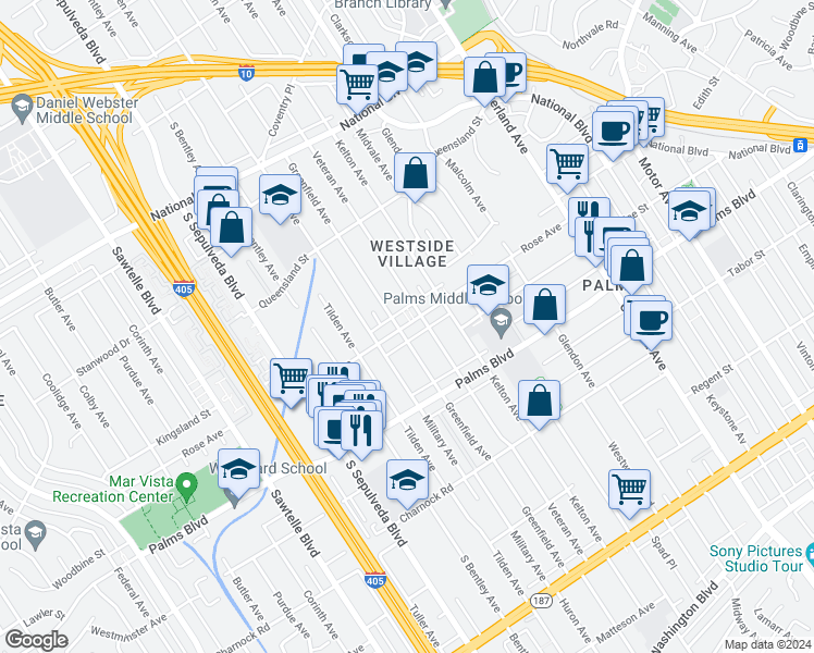map of restaurants, bars, coffee shops, grocery stores, and more near 3421 Veteran Avenue in Los Angeles