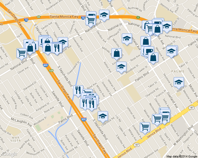 map of restaurants, bars, coffee shops, grocery stores, and more near 10974 Rose Avenue in Los Angeles