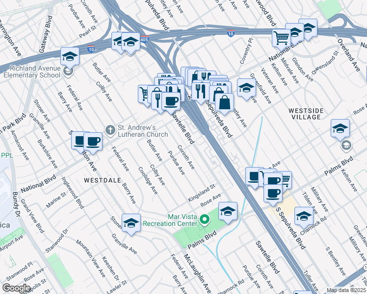 map of restaurants, bars, coffee shops, grocery stores, and more near in Los Angeles