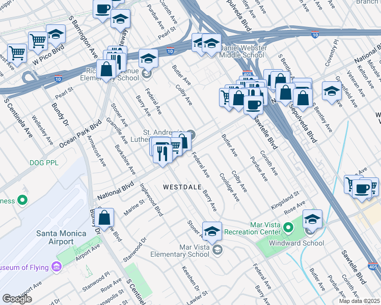 map of restaurants, bars, coffee shops, grocery stores, and more near 11650 National Boulevard in Los Angeles
