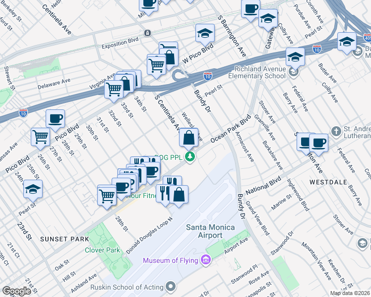 map of restaurants, bars, coffee shops, grocery stores, and more near in Santa Monica