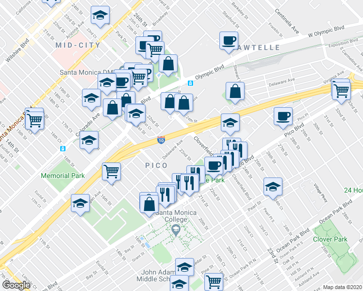 map of restaurants, bars, coffee shops, grocery stores, and more near 1916 22nd Street in Santa Monica