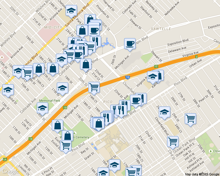 map of restaurants, bars, coffee shops, grocery stores, and more near 1837 21st Street in Santa Monica