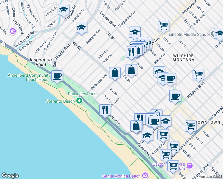 map of restaurants, bars, coffee shops, grocery stores, and more near 837 3rd Street in Santa Monica