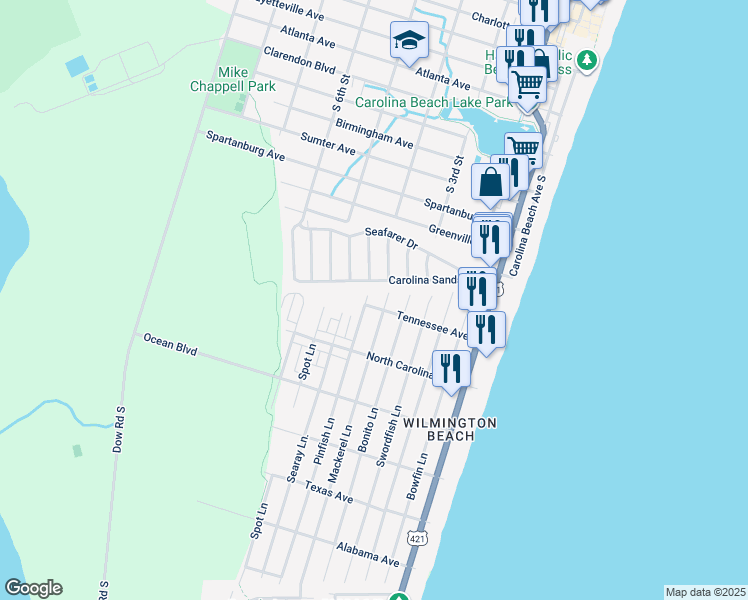 map of restaurants, bars, coffee shops, grocery stores, and more near 604 Tennessee Avenue in Carolina Beach