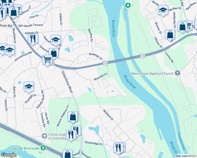 map of restaurants, bars, coffee shops, grocery stores, and more near 1100 Skyland Drive in Columbia