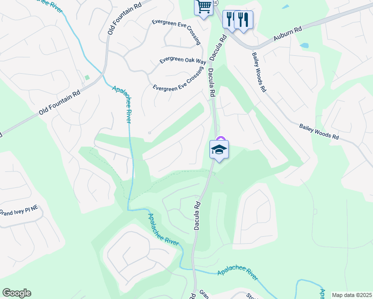 map of restaurants, bars, coffee shops, grocery stores, and more near 777 Glen Valley Way in Dacula