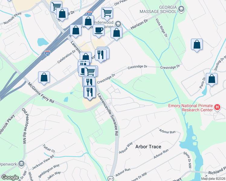 map of restaurants, bars, coffee shops, grocery stores, and more near Beynon Terminal Northeast in Suwanee