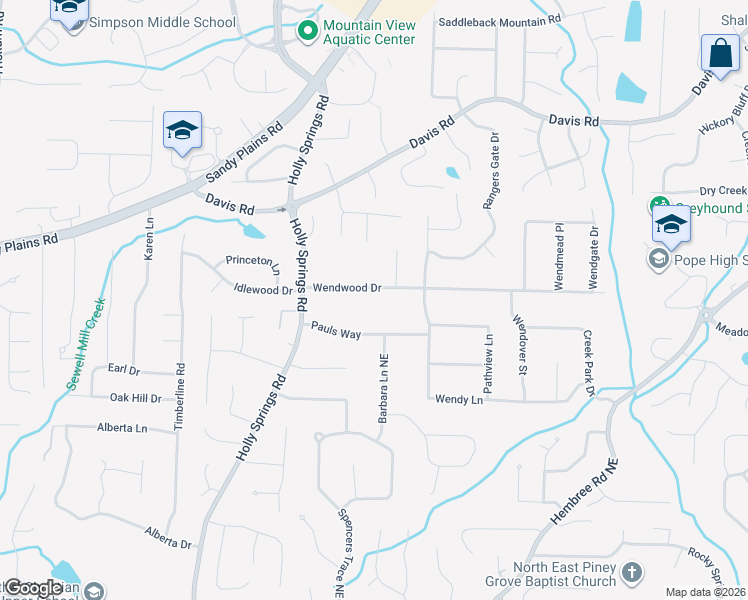 map of restaurants, bars, coffee shops, grocery stores, and more near 2936 Wendwood Drive in Marietta