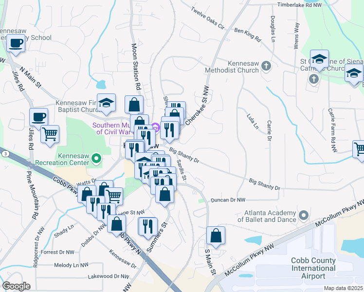 map of restaurants, bars, coffee shops, grocery stores, and more near 2080 Big Shanty Drive in Kennesaw