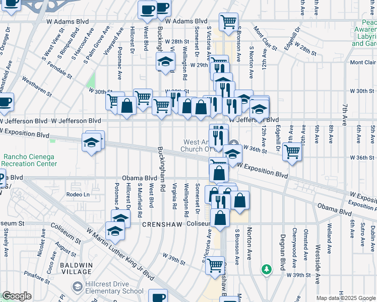 map of restaurants, bars, coffee shops, grocery stores, and more near 3833 West Exposition Boulevard in Los Angeles