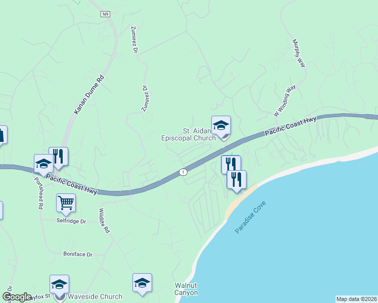map of restaurants, bars, coffee shops, grocery stores, and more near 28254 Rey De Copas Lane in Malibu