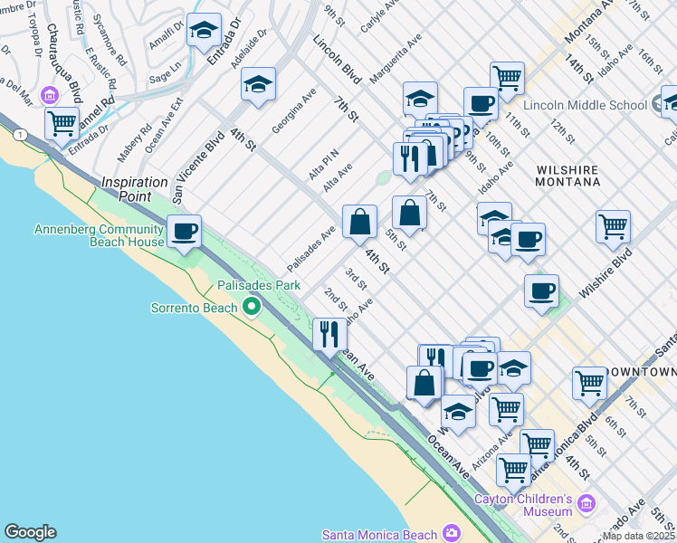 map of restaurants, bars, coffee shops, grocery stores, and more near 801 2nd Street in Santa Monica