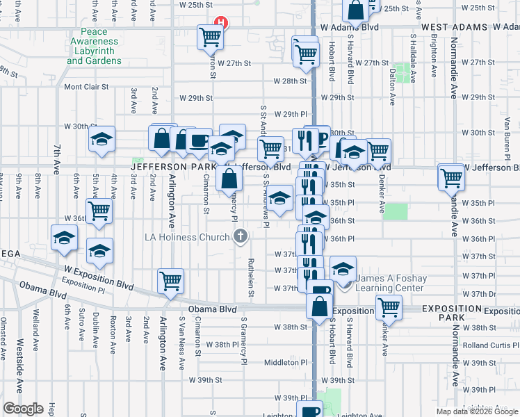 map of restaurants, bars, coffee shops, grocery stores, and more near 1806 West 35th Place in Los Angeles