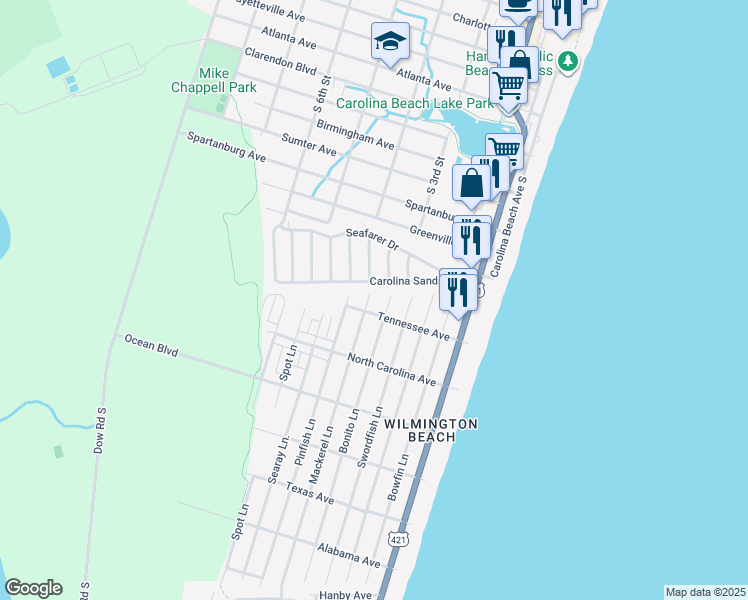 map of restaurants, bars, coffee shops, grocery stores, and more near 503 Tennessee Avenue in Carolina Beach