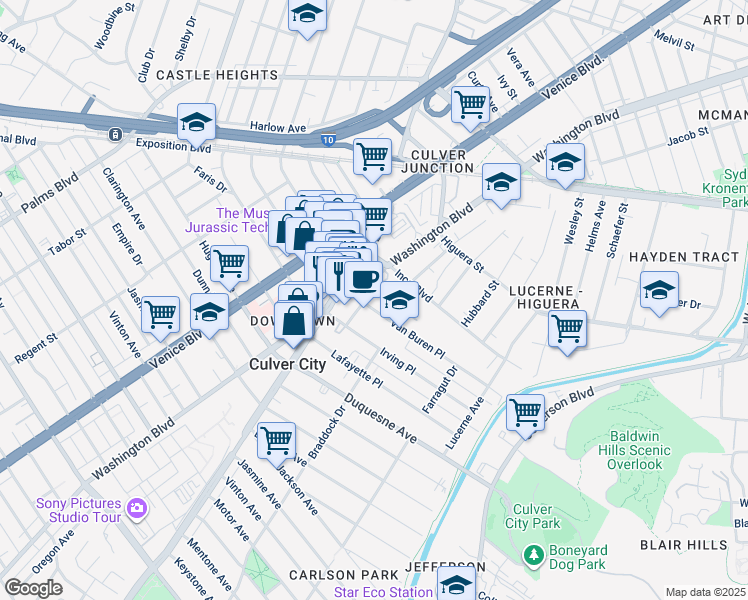map of restaurants, bars, coffee shops, grocery stores, and more near 3927 Van Buren Place in Culver City