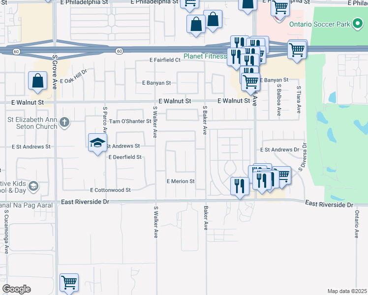 map of restaurants, bars, coffee shops, grocery stores, and more near 2812 South Castle Harbour Place in Ontario