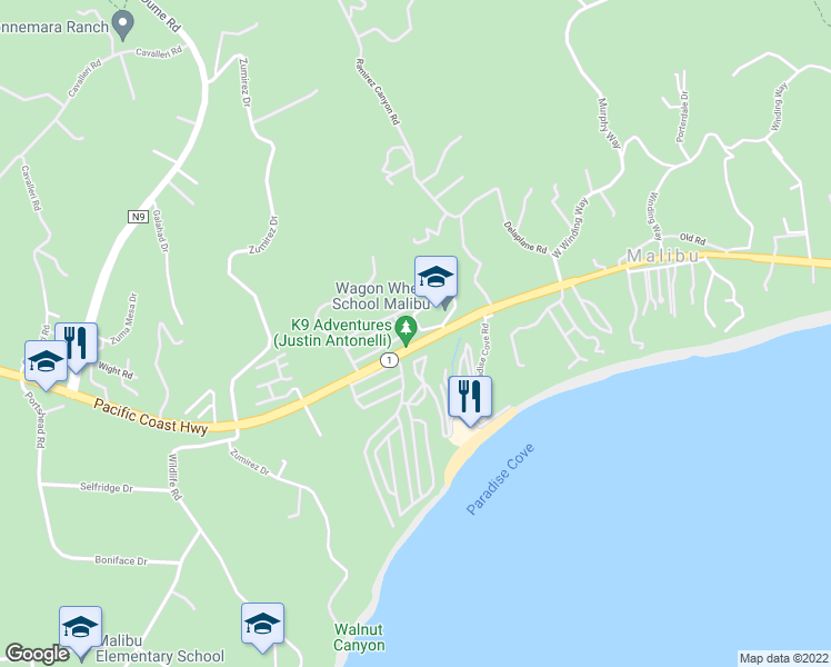 map of restaurants, bars, coffee shops, grocery stores, and more near 28296 Rey De Copas Lane in Malibu