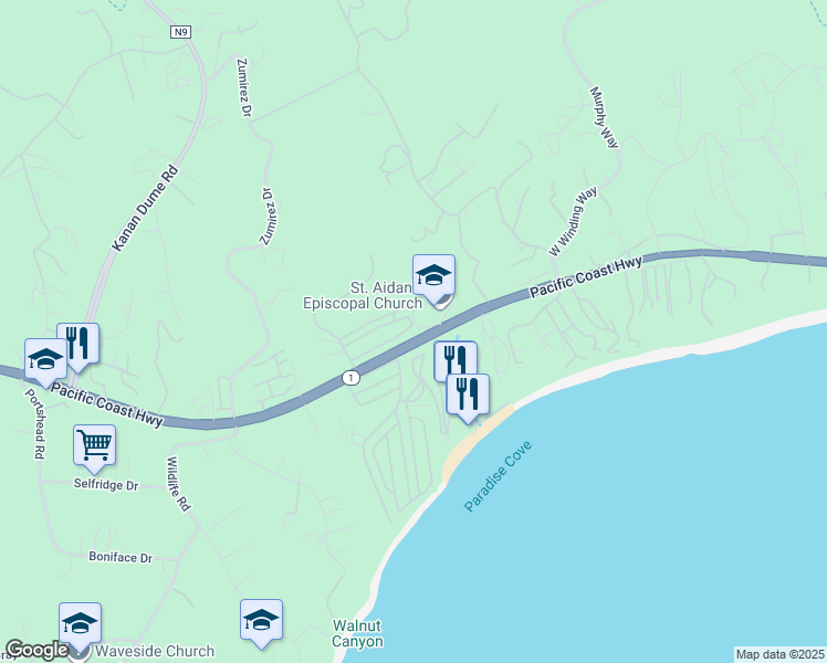 map of restaurants, bars, coffee shops, grocery stores, and more near 28296 Rey De Copas Lane in Malibu
